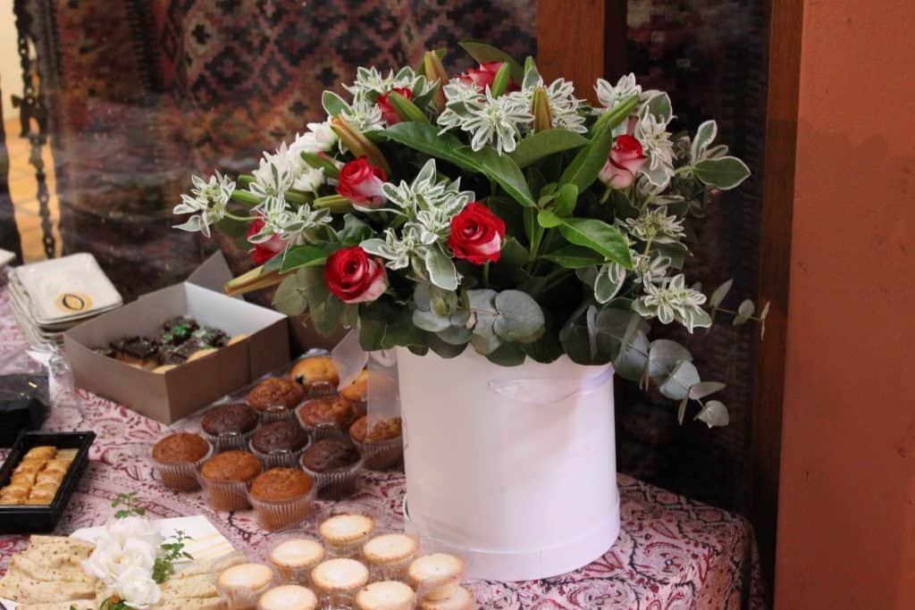 Flowers and eats at Pottery Exhibition. 